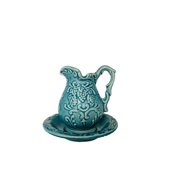 Vintage Norleans Blue Aqua Mini Pitcher Bowl Grape Pattern Japan Imperfection - Picture 1 of 10